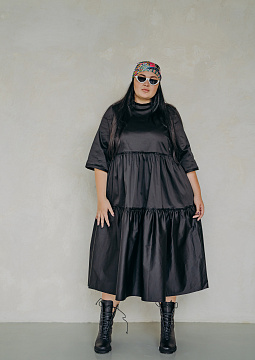 картинка Платье трапецевидного кроя длины миди. С необработанными декоративными краями. Цвет черный от магазина Одежда+